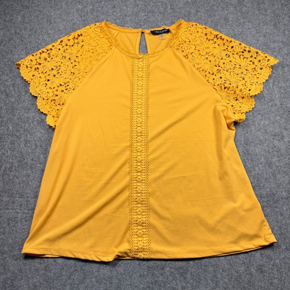 Cable & Gauge Womens Mustard Yellow Crochet Lace Short Sleeve Blouse Top‎ Large